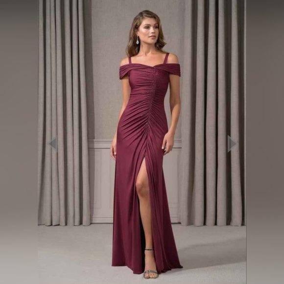 Azazie York Mulberry Off-Shoulder Floor-Length Evening Gown Dress - Picture 4 of 16